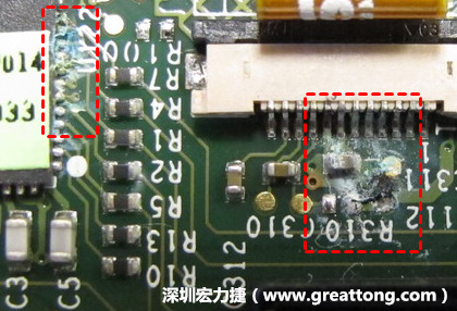 電路板疑似腐蝕氧化，懷疑電流異常過熱造成