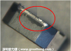使用錫(Sn)鍍層的電源電感器(Power Inductors)，經過推力測試后，其焊點還保留在零件的端點上，所以推力比較高。