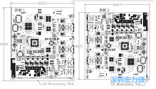 如圖7所示是使用不同數量邊條的拼板，拼板1僅使用了一個邊條，直接利用PCB另一邊作為SMT工藝傳送邊，并且PCB圖形中有合適的安裝孔；而拼板2則是按常規設計了兩個邊條。拼板方式為連接筋。圖中“Breakaway Tab”指邊條-深圳宏力捷