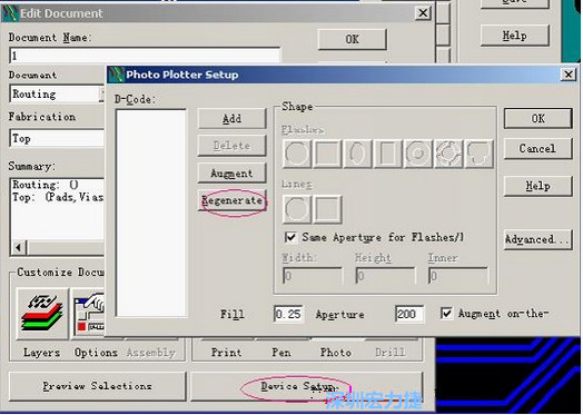當(dāng)Gerber和鉆孔都設(shè)置完后，選擇一貼片元件較多的層（一般為T(mén)op層），點(diǎn)擊Device SetupPhoto，將 Plotter Setup窗口D-Code欄原有的D碼刪除并按Regenerate重新生成