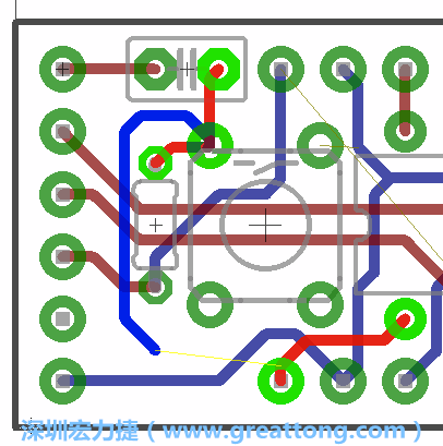 要在電路板正面進行+5V信號線連結和其他連結點的布線工作是非常容易的，而重置信號線（信號線用來連結電路板正面左邊的重置開關）需要經過一個可以通過電路板正反兩面的電路通道，這個通道是一個可以讓電路板正反兩面線路連接的一個小孔。