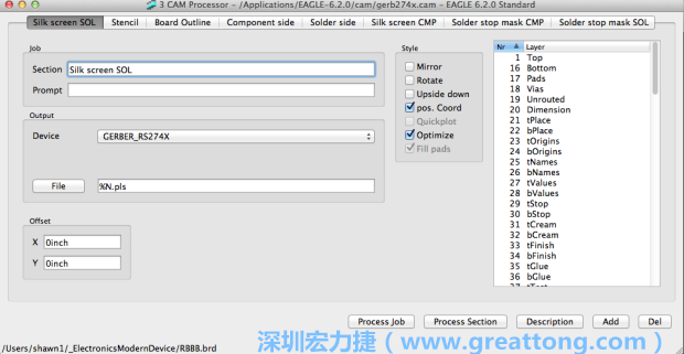 假如你有匯入點陣圖圖層（抑或是有某個圖層是你不想要它們出現(xiàn)在絲印上的），請再次確認標簽列下面被指定的圖層都是正確無誤的。