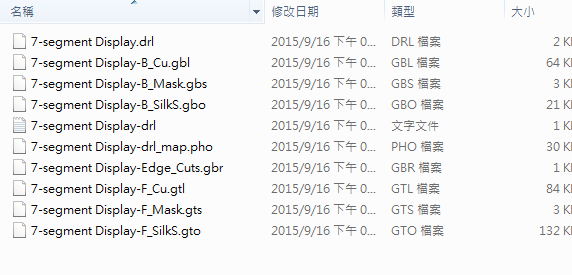 所謂Gerber檔，其實是包含一群檔案 (如下圖所示)，如包含正反面銅箔層 F.Cu B.Cu.，正反面文字面 F.Silkscreen ，B.Silkscreen，防焊層 SolderMask、板邊裁切Edge.Cuts 等。