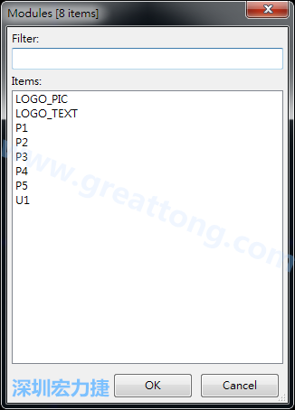 從目前正在編輯的PCB載入Module， 會(huì)顯示有那些項(xiàng)目可載入。點(diǎn)選一個(gè)， OK后即完成載入
